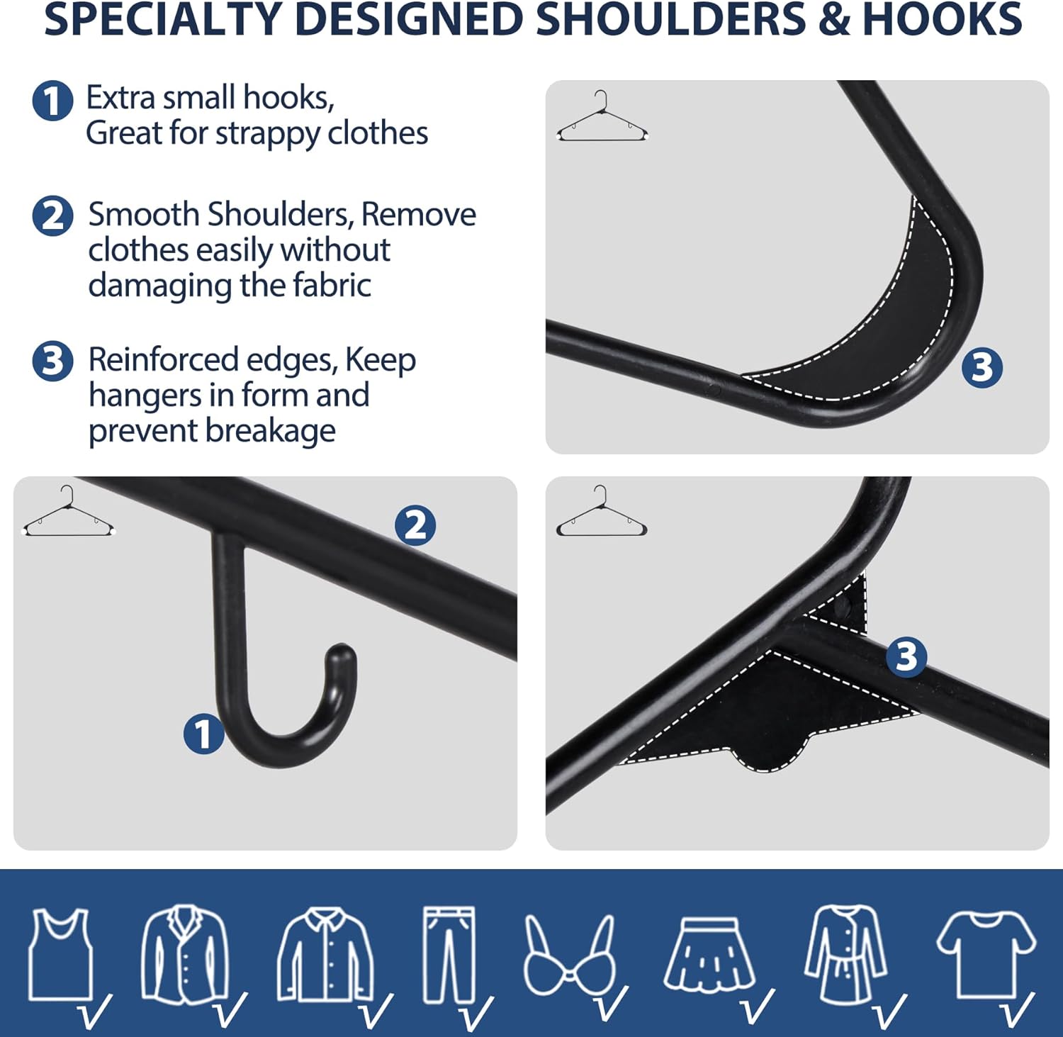 SUPER DEAL Plastic Hangers - 100 Pack Heavy-Duty Clothes Hangers with Double Hooks | Space-Saving Black Design