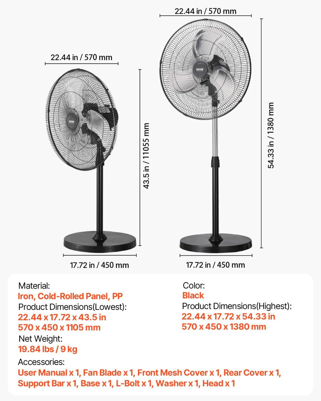 VEVOR 20-Inch Industrial Pedestal Fan - Adjustable Height & 90-Degree Oscillation | Powerful Black Floor Fan for Warehouses & Garages