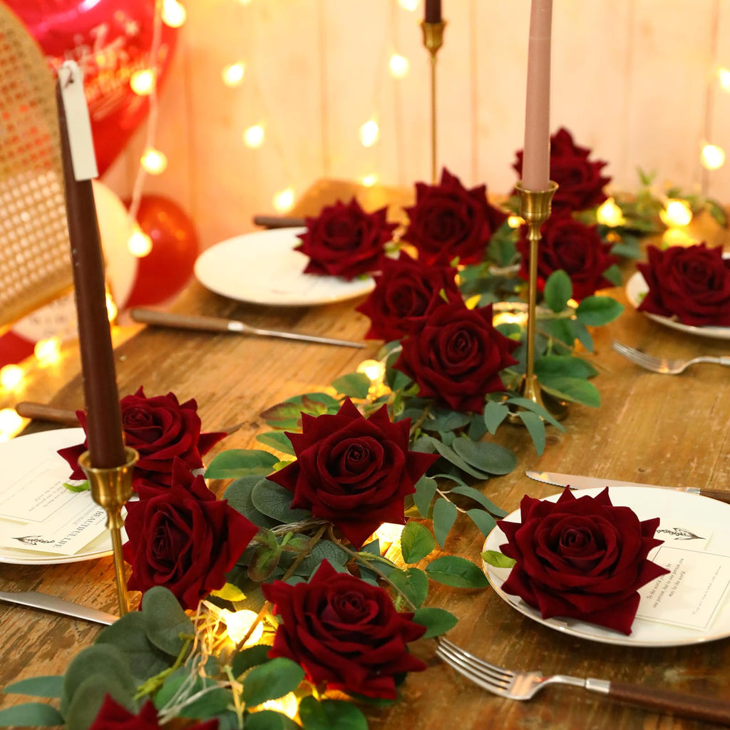 Floweroyal 15PCS Burgundy Roses, Artificial Flowers 4.33" Velvet Flowers with Long Stem Fake Roses for Mom, Wife, Anniversary Birthday Valentine's Day Gift for Women