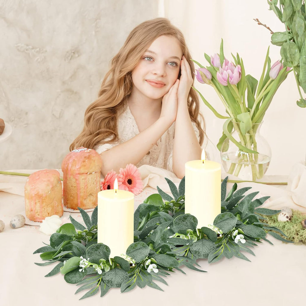 Thinkday Eucalyptus Candle Ring Set - 4 Inch Mini Artificial Wreaths for Pillar Holders | Green Floral Decor