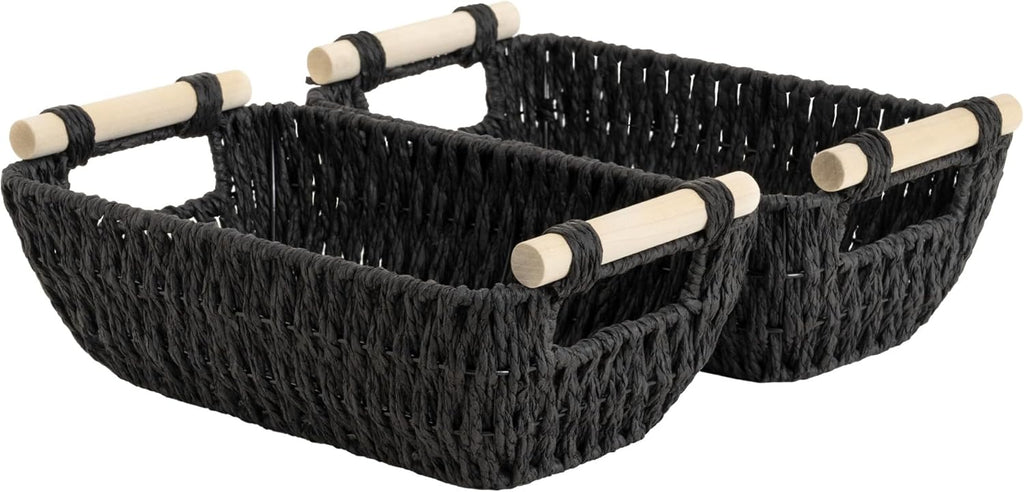 StorageWorks Black Wicker Storage Baskets - Small Woven Organizers with Wooden Handles | 2-Pack