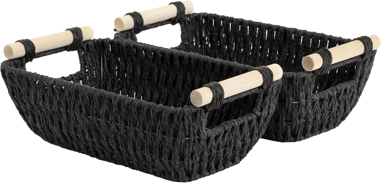 StorageWorks Black Wicker Storage Baskets - Small Woven Organizers with Wooden Handles | 2-Pack