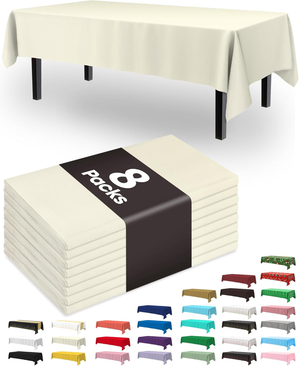 Pureegg Disposable Plastic Tablecloths - 54 x 108 Inch, Leakproof & Sturdy, 8 Pack, Beige for Parties & Weddings