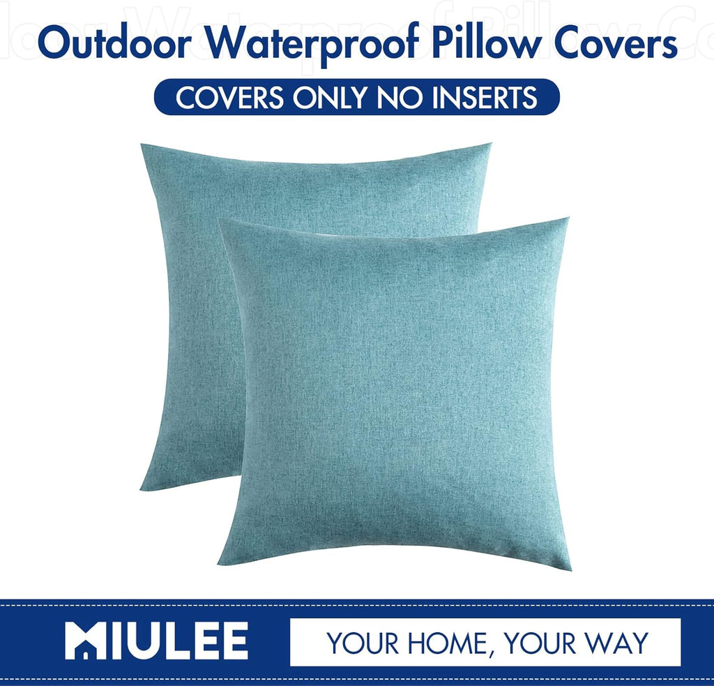 MIULEE Decorative Outdoor Throw Pillow Covers - Waterproof Faux Linen Cushion Cases | 16x16 Inch Turquoise (Pack of 2)