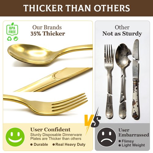 Glowserve 153 Pack Gold Plastic Silverware - Heavy Duty Gold Silverware Set - 51 Forks, 51 Knives, 51 Spoons Plastic Cutlery Disposable Utensils Set for Holiday, Party, Dinner, Wedding Gathering