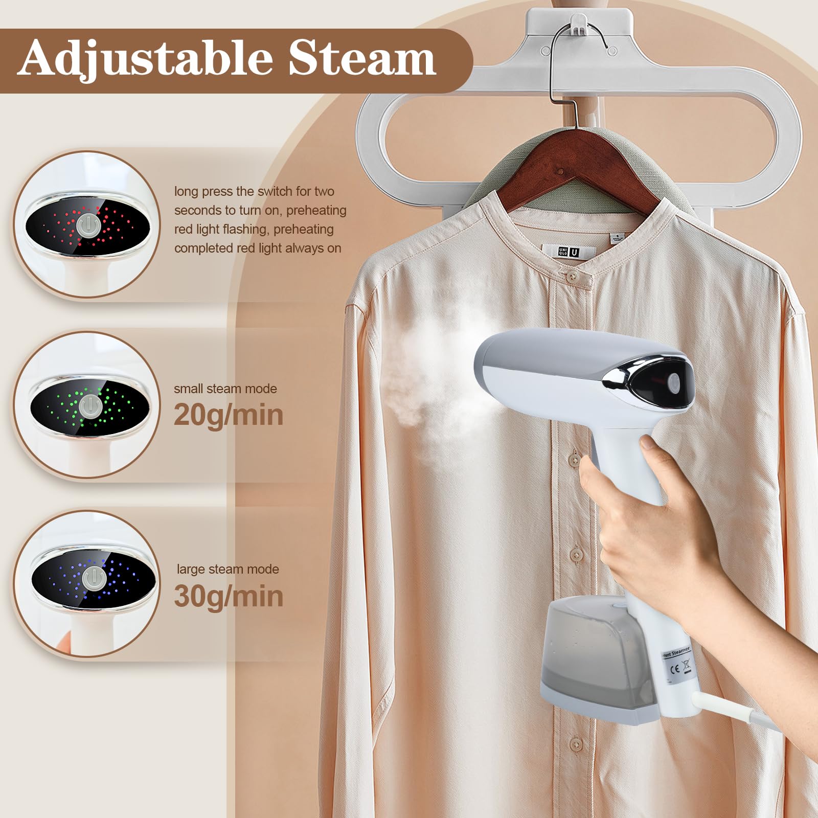 Steamer for Clothes Handheld Clothes Steamer 1300W Portable Garment Steamer Auto Shut-off 20-Second Fast Heat-up with Adjustable Steam 12.34oz Detachable Water Tank for Home Office Travel