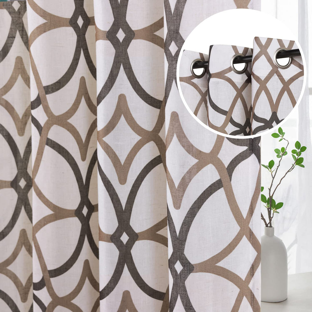 H.VERSAILTEX Linen Curtains 63 Inch Length 2 Panels Linen Sheer Curtains Textured Flax Window Draps for Living Room, Privacy Modern Printed Grommet Grapes Geometric Taupe/Brown