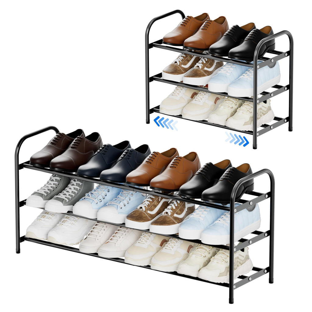 Flurose 3-Tier Expandable Shoe Rack, Adjustable Width Shoe Organizer for Closet & Entryway, Extendable Metal Shoe Rack for Inside Closet, Space-Saving Shoe Storage Shelf Stand – Black