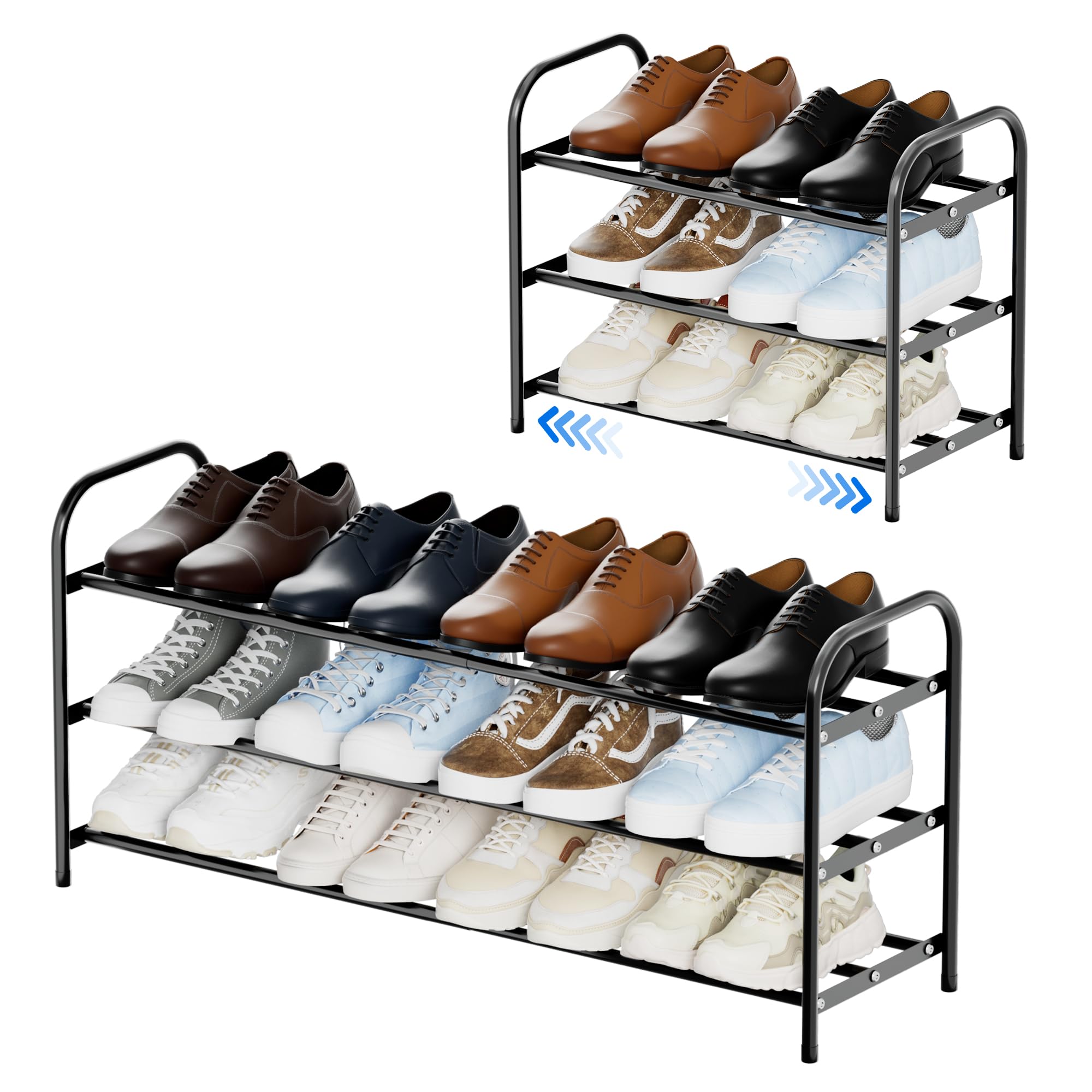 Flurose 3-Tier Expandable Shoe Rack, Adjustable Width Shoe Organizer for Closet & Entryway, Extendable Metal Shoe Rack for Inside Closet, Space-Saving Shoe Storage Shelf Stand – Black