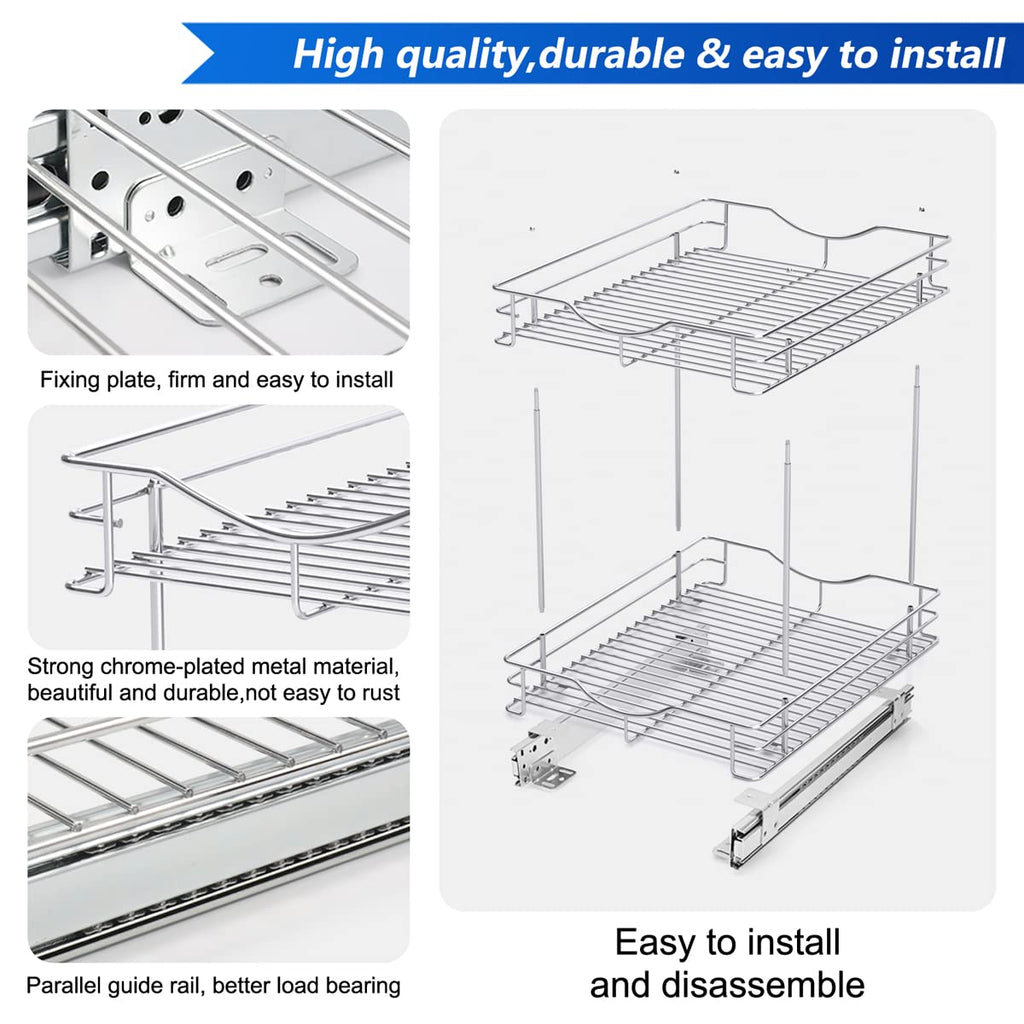 Fulgente Chrome Finish Pull Out Drawer Cabinet Organizer, Professional Wire Frame 2 Tier Heavy Duty Slide Out Kitchen Cabinet Storage Shelves, Sliding Drawer for Cabinet 11"W x 21"D