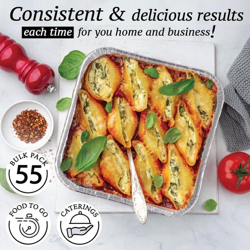 8x8 Foil Pans | 55 Pack Aluminum Baking Pans - Disposable for Heating & Baking Cakes - 8 Inch Square