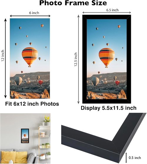 JCJMY 6x12 Picture Frame - Black Wall Mount for Horizontal or Vertical Display | Shatter-Resistant Plexiglass