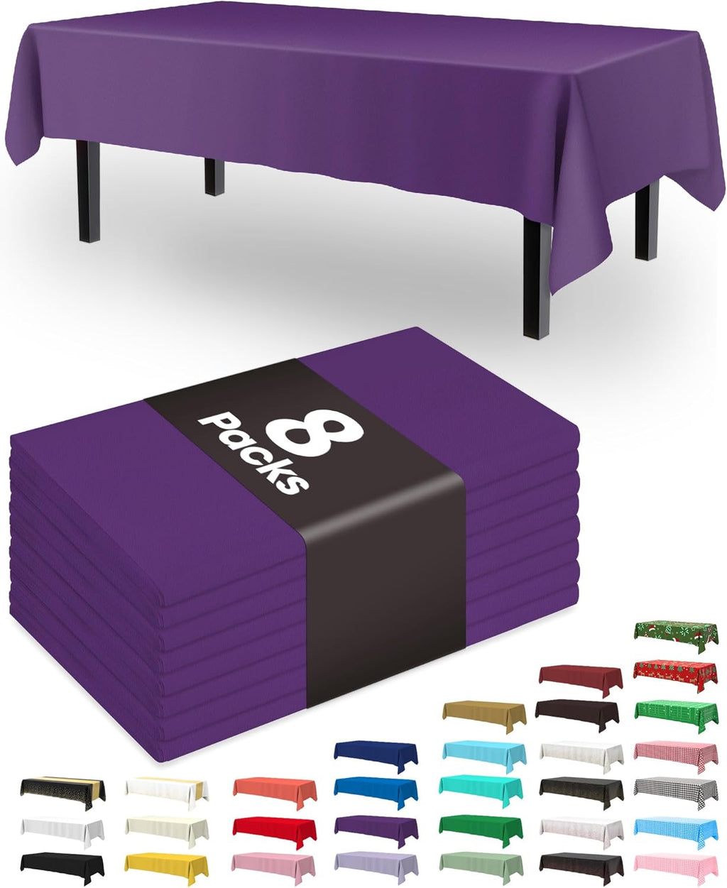 Pureegg Disposable Plastic Table Cloths - Leakproof & Sturdy, 54 x 108 Inch, Purple | 8 Pack for Graduation Party Decorations