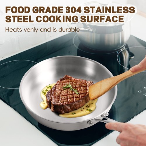 GOLDEN KEY 12 Inch Tri-Ply Stainless Steel Pan, Stainless Steel Frying Pan with Lid,Stainless Steel Skillet Induction All Cooktops, PFOA/PTFE Free Skillet,Health&Safety,Heavy Duty&Fast & Even Heat