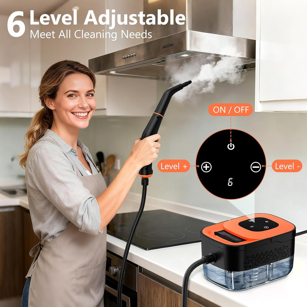 Skiennix Portable Steam Cleaner - 16-Piece Accessory Set | 6-Level Adjustable Heat, Fast 15s Heat-Up, Handheld for Home & Car Detailing - Orange