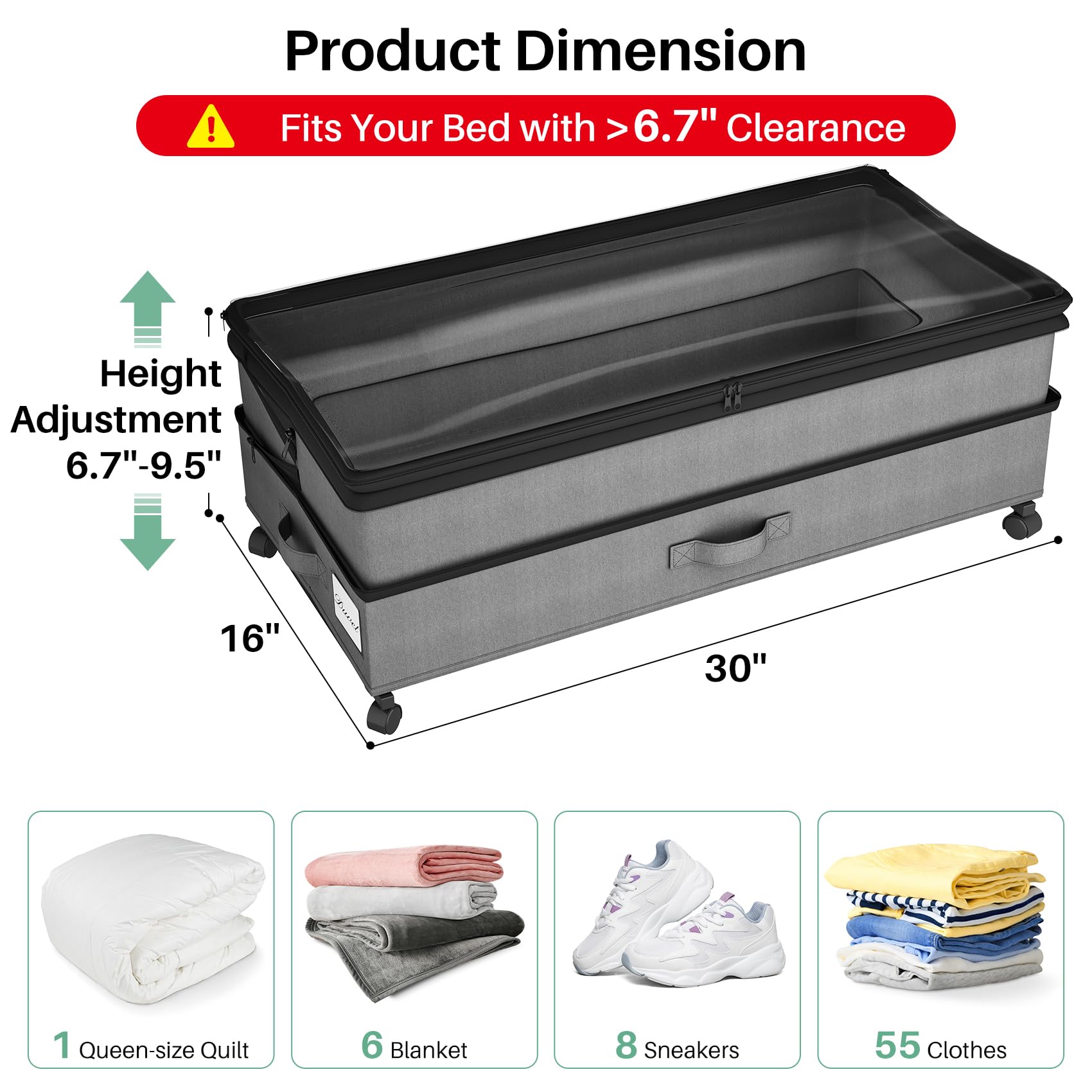 Kitstorack Under Bed Storage with Wheels 2Pack Height-adjustable Under Bed Storage Containers,Under Bed Shoe Storage Organizer with Clear Window&Label, Suitable for Clothes Storage, Gray