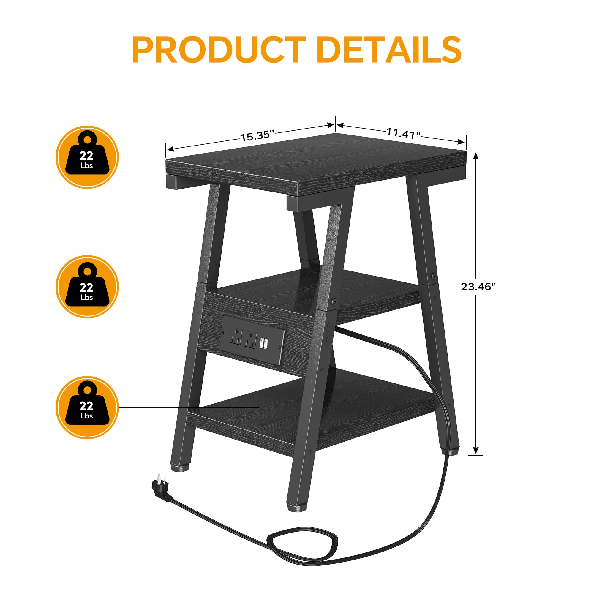 SIde Table with Charging Station, Small End Tables with Lucky 7 Metal Shape, 3-Tier Nightstand with Outlets and USB Ports, Adjustable Leveling Feet, Side Table for Living Room, Bedroom (Rustic Brown)