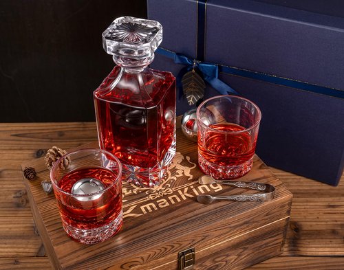 Whiskey Decanter Set with Wooden Box, Lion Whiskey Glasses 10 oz and 25 oz Bourbon Decanter Set with 18/10 Stainless Steel Whiskey Stones, Tongs, Whiskey Gifts for Men Husband Dad Wedding
