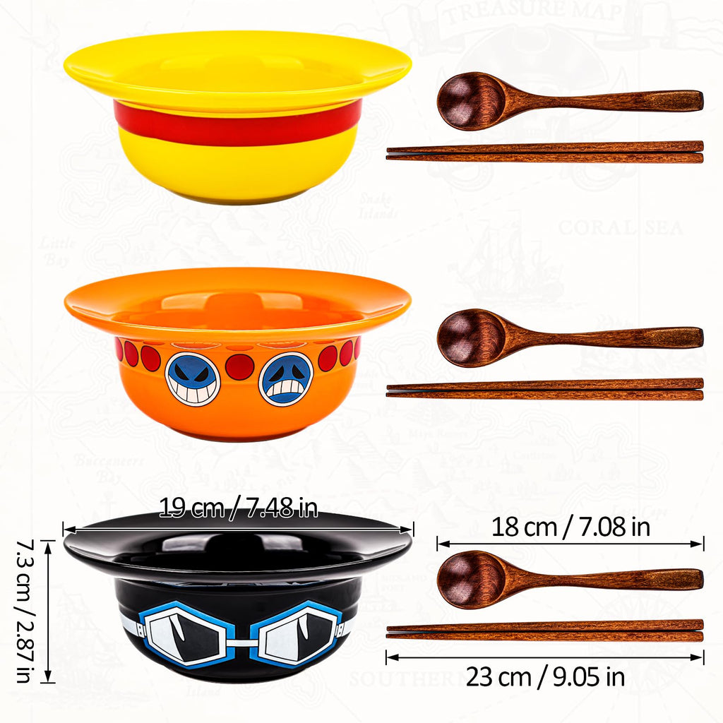 Clakioom 3 Piece Anime Ramen Bowl, Ramen Bowl Set,Straw Hat Design Japanese Ramen Ceramic Bowl Set of 9 with Chopsticks and Spoon