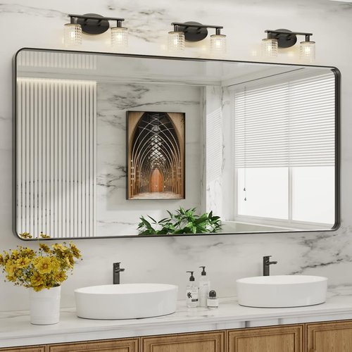 LOAAO Bathroom Mirror - 72x36 Inch Matte Black Metal Framed | Large Rounded Rectangle, Anti-Rust, Shatter-Proof