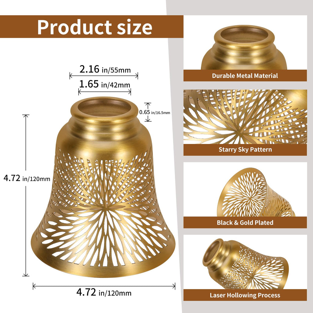 Ceiling Fan Replacement Globes, 4 Pack Chrysanthemum Pattern Fixture Replacement Globes Shades with 1-5/8" Fitter, ALUCSET 4.5" Height 4-3/4" Diameter, Metal Cover for Pendant Lamp-Yellow Brass&Gold