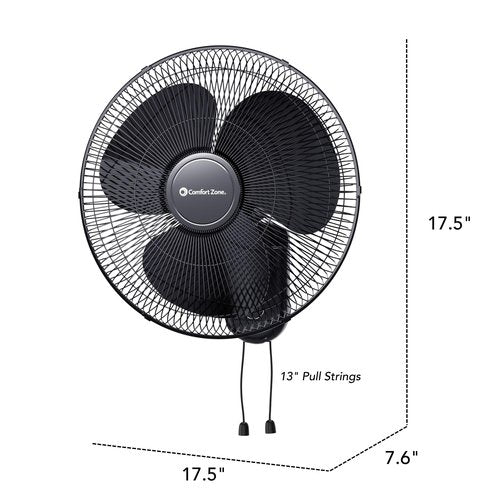 Comfort Zone 16-Inch Oscillating Wall Mount Fan – Quiet 3-Speed Indoor Fan with 60° Adjustable Tilt, Pull-Chain Control & Durable Metal Grille – Space-Saving Cooling for Home, Office, & Greenhouse