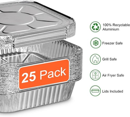 GrillChef 8x8 Aluminum Foil Pans - Disposable Baking Pans with Lids | 25 Pack for Cakes & Roasting