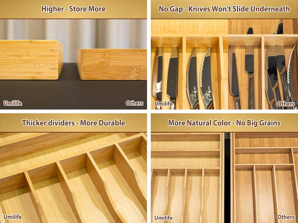 Umilife Kitchen Silverware Organizer - Large Expandable Bamboo Utensil Tray with Adjustable Divider