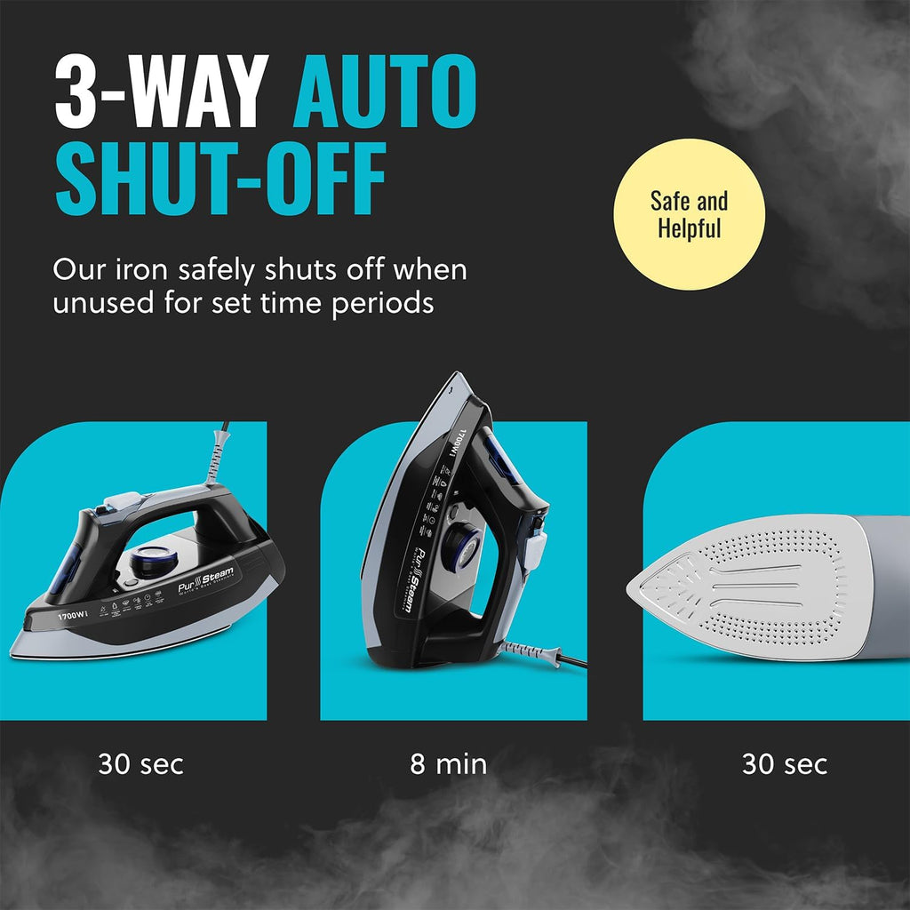 Pursteam Steam Iron - 1700W Self-Cleaning Nonstick Stainless Steel Soleplate | Auto Shutoff & Anti-Drip