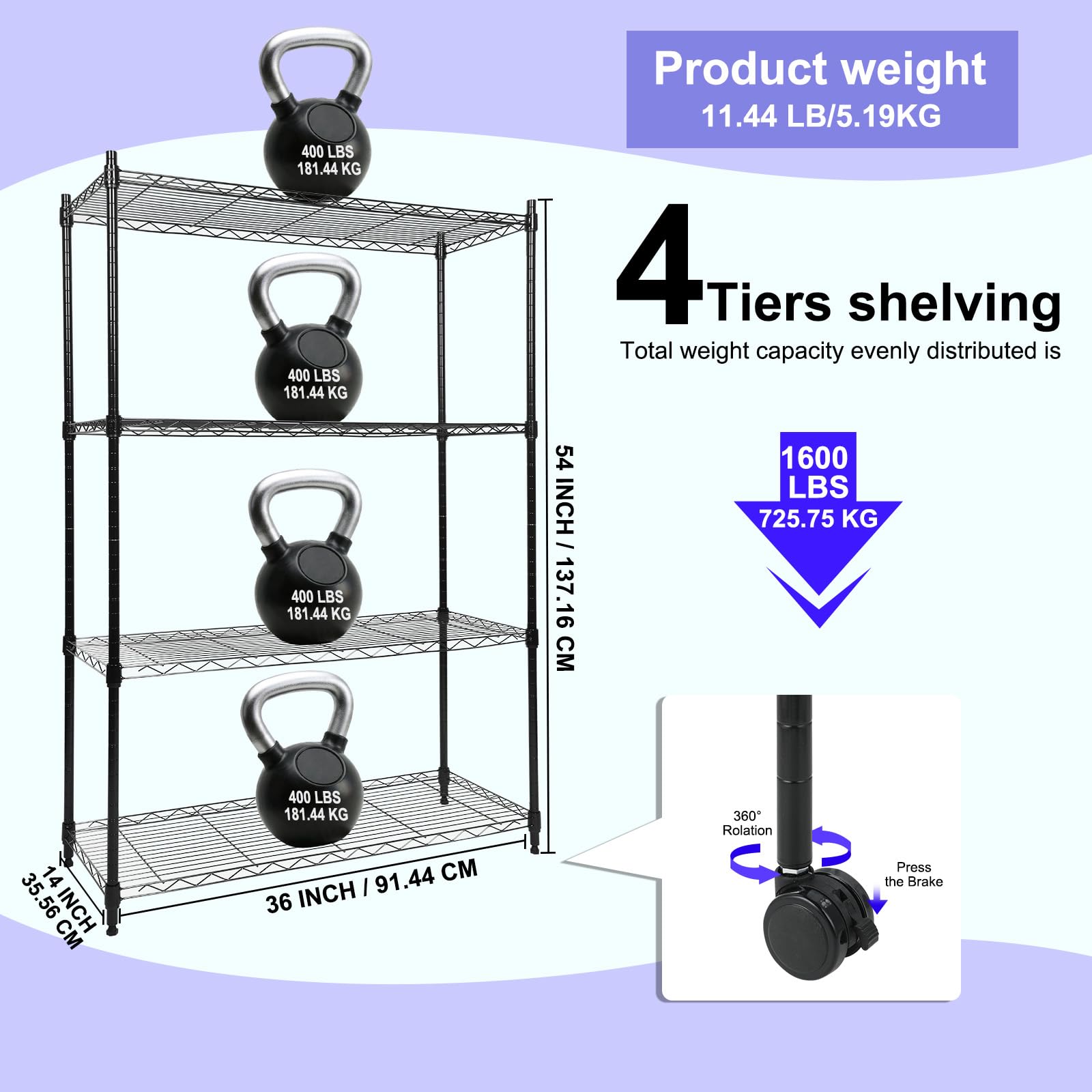 Whitmor 4 Tier Storage Shelving, Heavy Duty with Wheels, Adjustable Steel Organizer Wire Rack, 400 lbs Capacity per Shelf, Max 1600 lbs Total for Garage, Kitchen, Plant, 36" L x 14" W x 54" H, Black