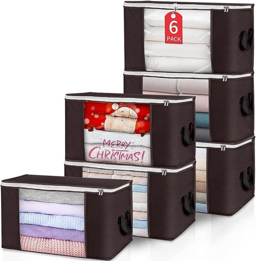 Budding Joy Foldable Large Blanket Storage Bags - 60L Capacity, Enhanced Handles, 6-Pack | Brown