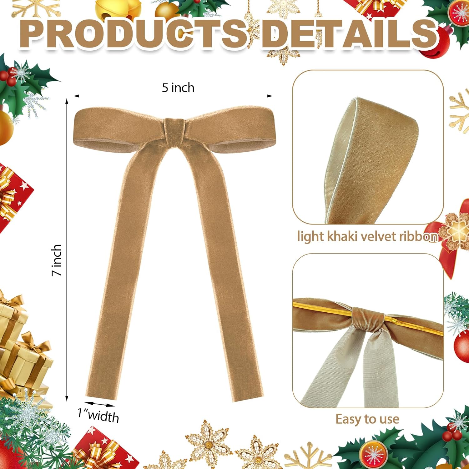 Skiennix 24 Pcs Velvet Bows - Vintage Ribbon Bows for Christmas Tree & Crafts | Light Khaki (5 x 7 Inch)