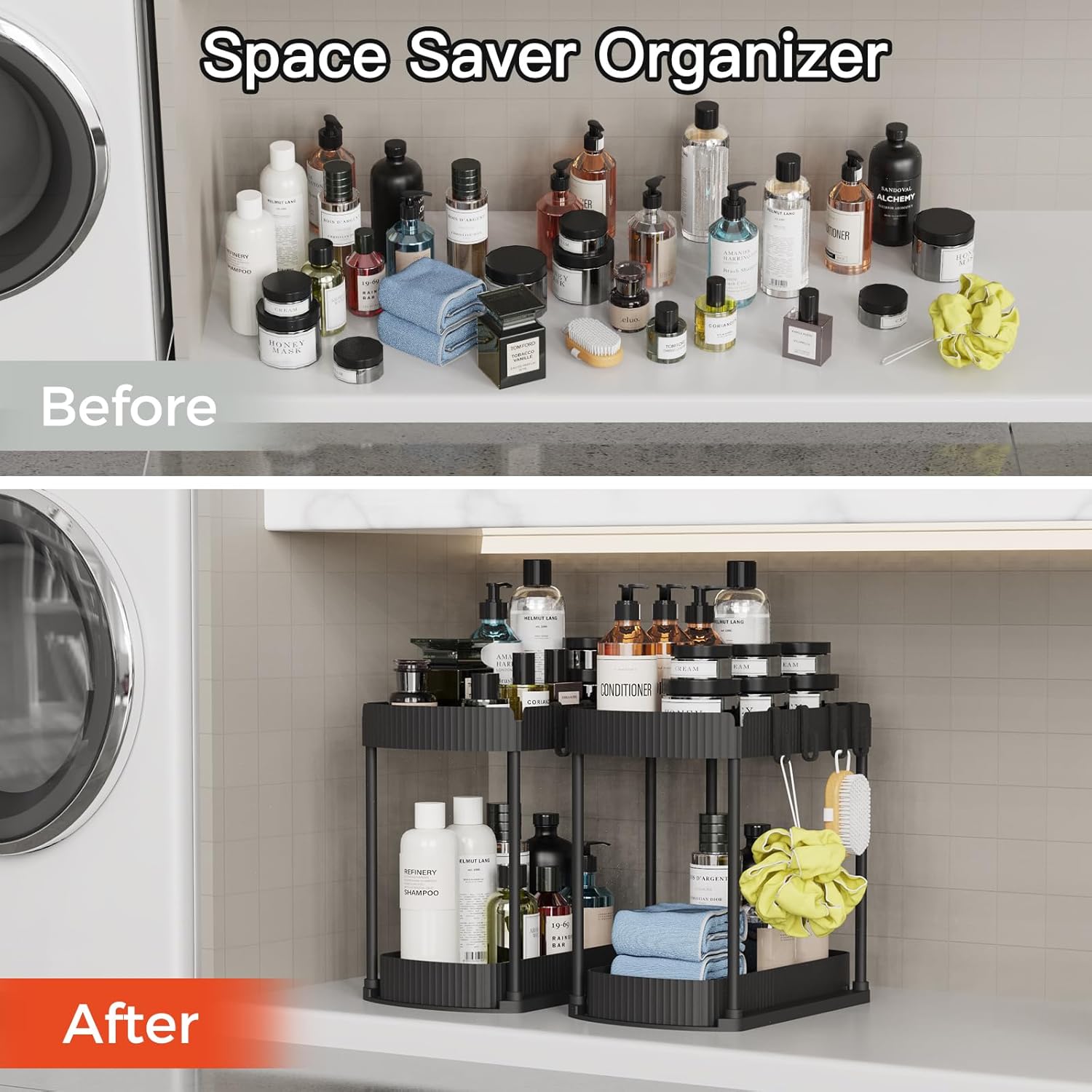 Ukeetap Multi-Purpose Pull-Out Storage Organizers - Under Sink & Cabinet Storage for Bathroom & Kitchen | Black, 12.8 Inches, 2 Packs