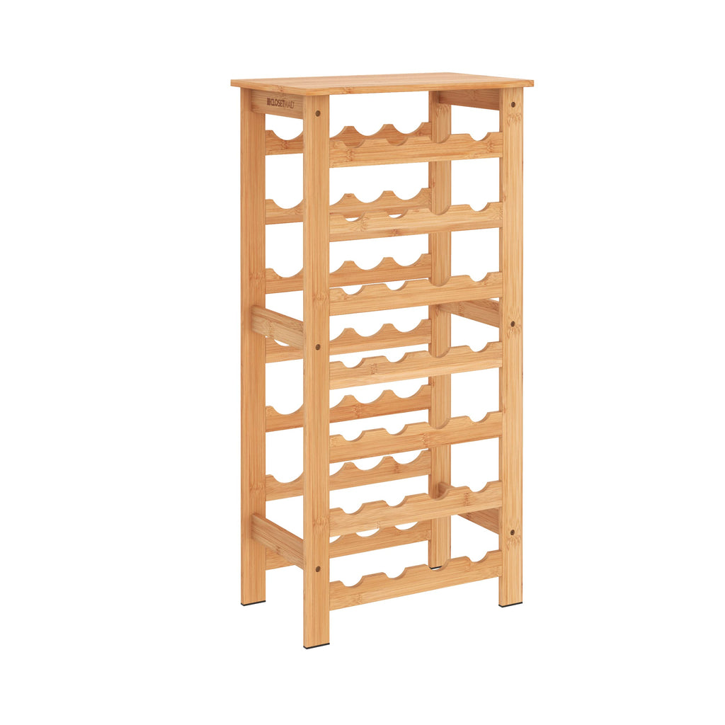 ClosetMaid 28 Bottle Standing Floor Wine Storage Rack Tower with Top Shelf, Bamboo Wood