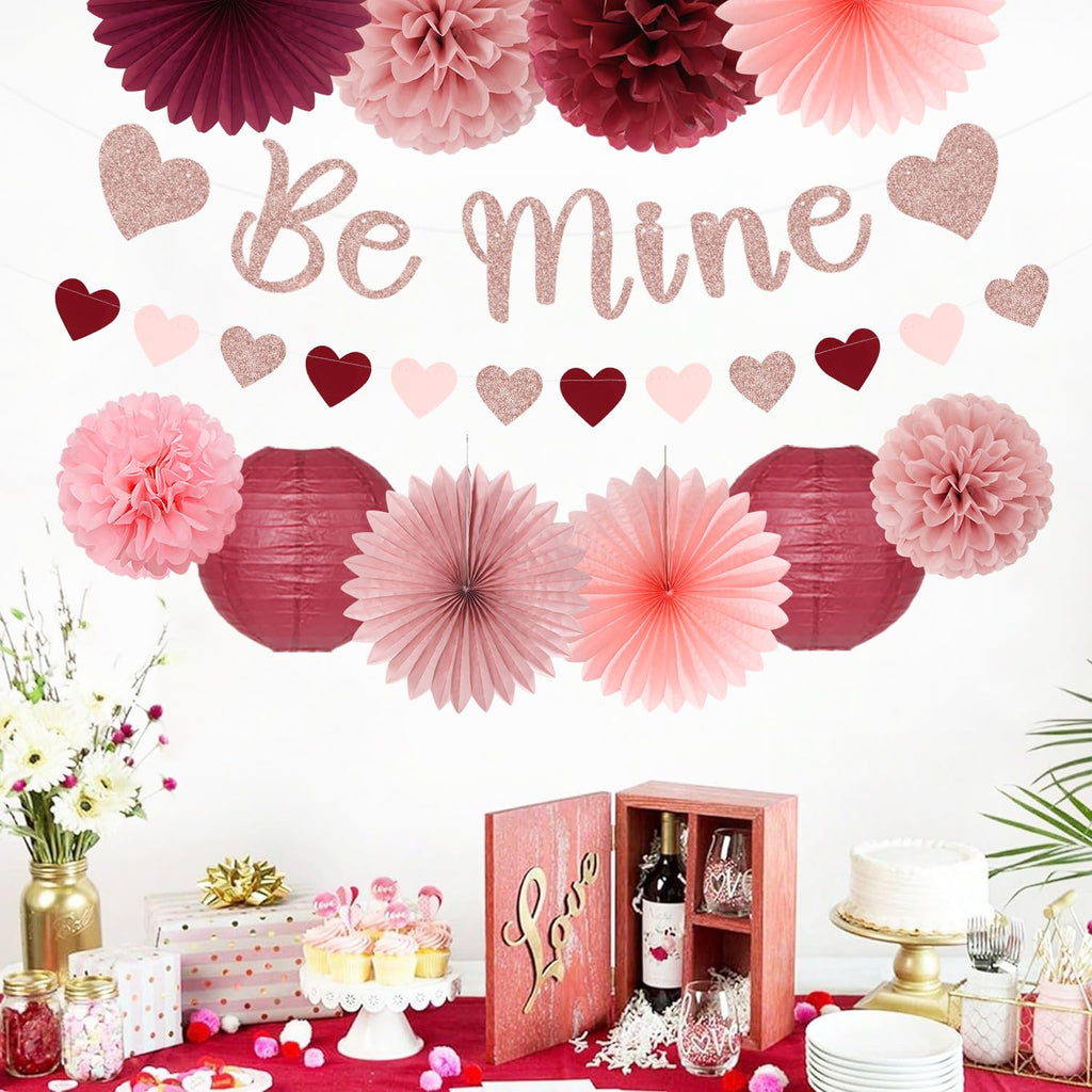 Pink Burgundy-Red Valentines-Day Galentines Party-Decorations - 22pcs Be Mine Love Banner,Wine Red Paper Lanterns Honeycomb Balls,Tissue Pom Poms Flowers Fans,Happy Anniversary Decor Hugmoon