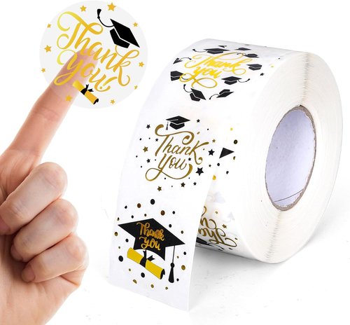 FYSUIMU Graduation Stickers - 1000Pcs Gold Foil Thank You Labels | Self-Adhesive Grad Cap Designs