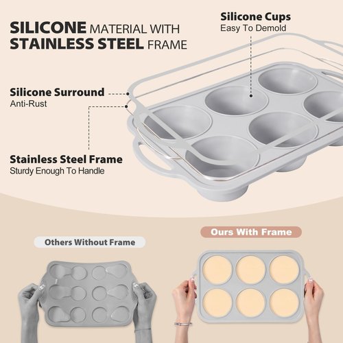 Vnray 3Pcs Silicone Muffin Pan 6, 12 and 24 Cup with Metal Frame, Non Stick Jumbo Cupcake Pan with Handles, BPA Free Silicon Mini Muffin Tin Regular Tray For Baking,Egg Bites,Mold Light Grey
