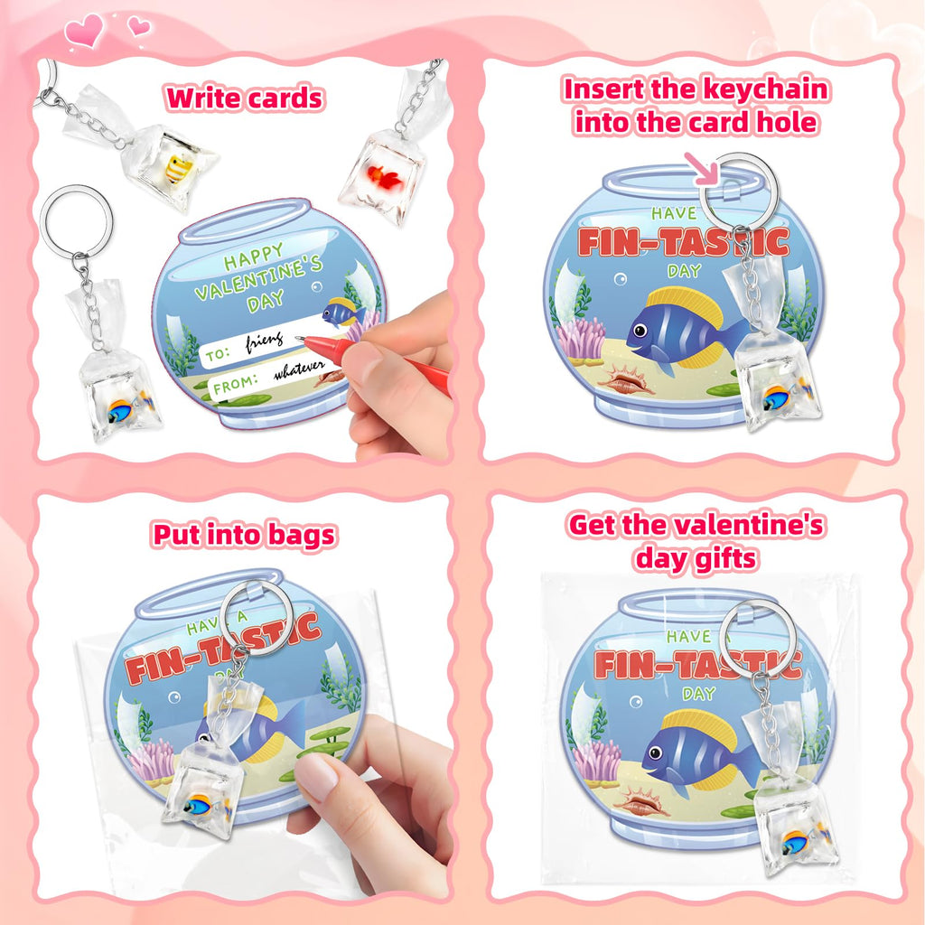 Valentines Day Cards for Kids School, 24 Pack Valentine's Day Gifts for Kids with Resin Fish Charms Classroom Exchange Gifts, 3D Fish Water Bag Charms Valentine Party Favors Prizes for Boys & Girls