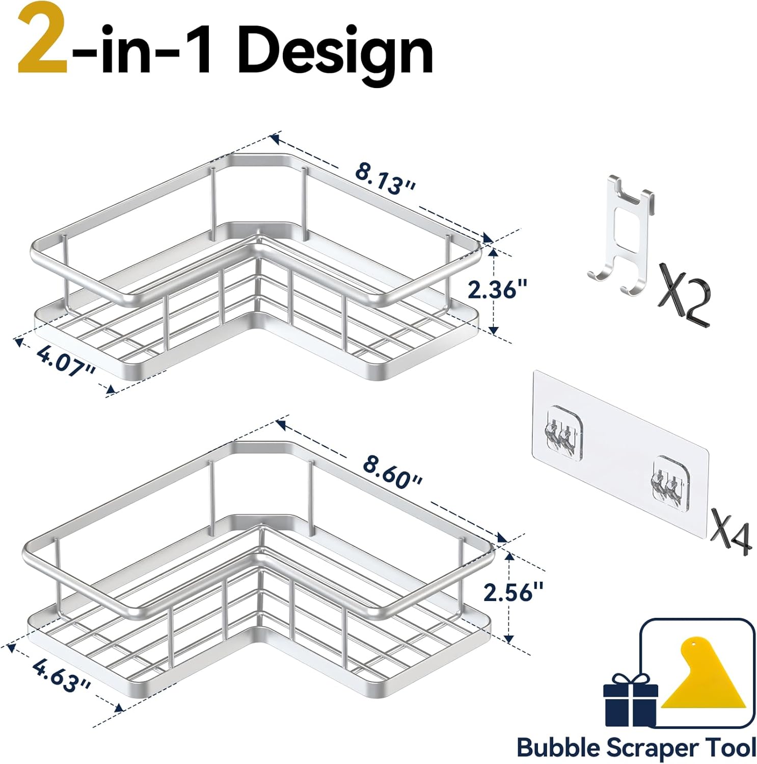 YASONIC Shower Caddy - 2-Pack Rustproof Stainless Steel Corner Shelves with Soap Holder | No-Drill Design for Dorms & Bathrooms