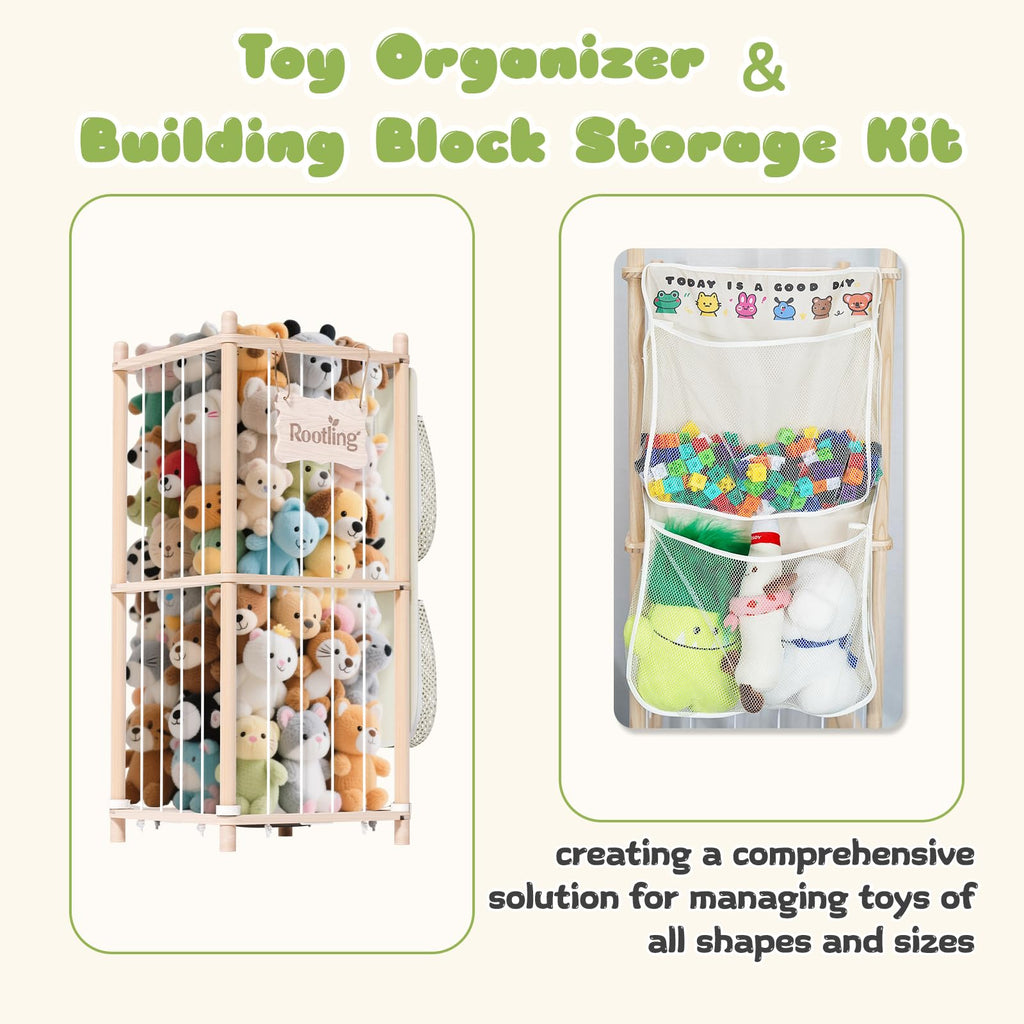 Rootling Stuffed Animal Storage & Organizer, 54 inch Tall Wooden Cute Zoo Toy Holder w/Building Block Storage Bag, Premium Wooden Material with Elastic Cord for Toddler Rooms, Playrooms (Small)