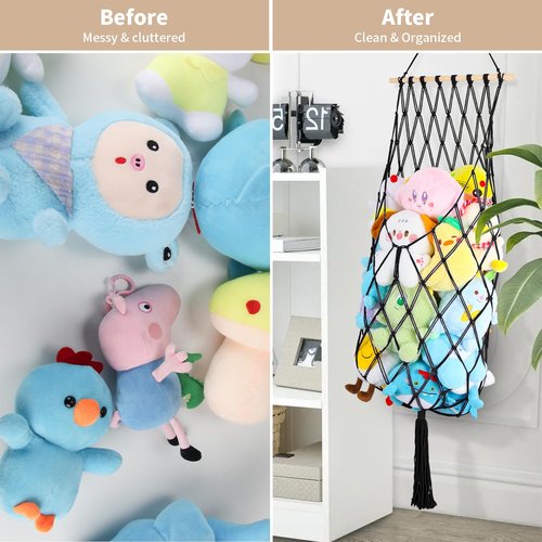 Stuffed Animal Storage Net, 68 Inch Jumbo Macrame Vertical Stuffed Animals Hammock Corner, Wall Ceiling Hanging Stuffy Hammock Plushie Holder Display for Kid Boy Girl Gift Boho Nursery Decor (Black)