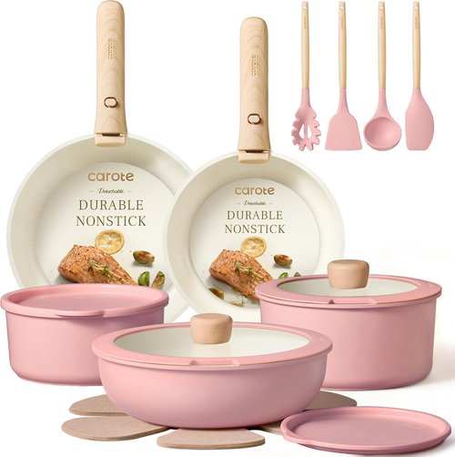 CAROTE Nonstick Cookware Set - 19-Piece Induction Pots and Pans with Detachable Handle | Oven Safe, Pink