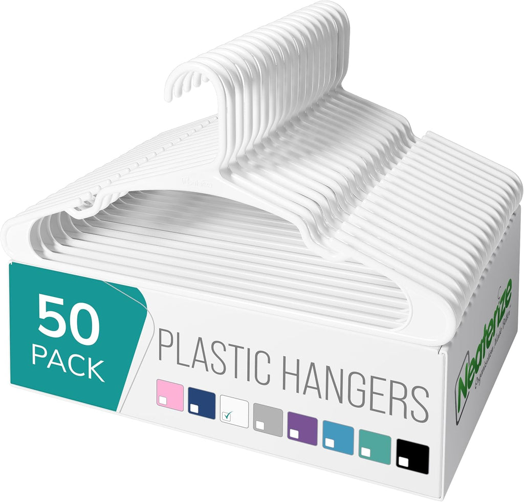 Neaterize Plastic Clothes Hangers - 50 Pack Space-Saving Adult Coat Hangers | White Color