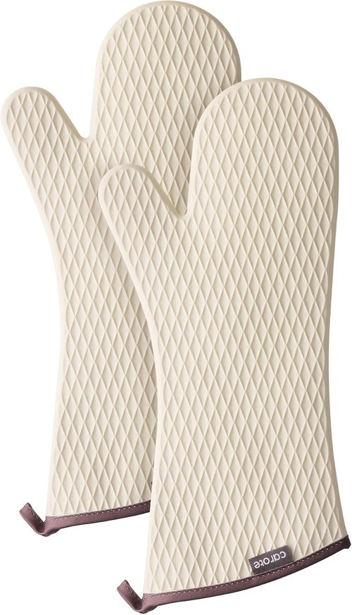 CAROTE Extra Long Oven Mitts - Heat Resistant Silicone Gloves for Baking & Grilling | 2-Piece Set, Beige