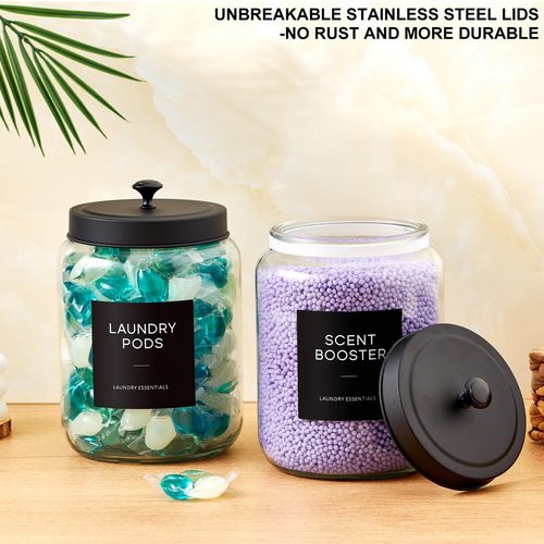 Glass Jars Laundry Containers with Lid, 0.5 Gallon Laundry Organization and Storage Jars, Laundry Detergent Container Laundry Powder Pods Holder, Glass Jar Wide Mouth with Scoops, Labels, 4 Pack