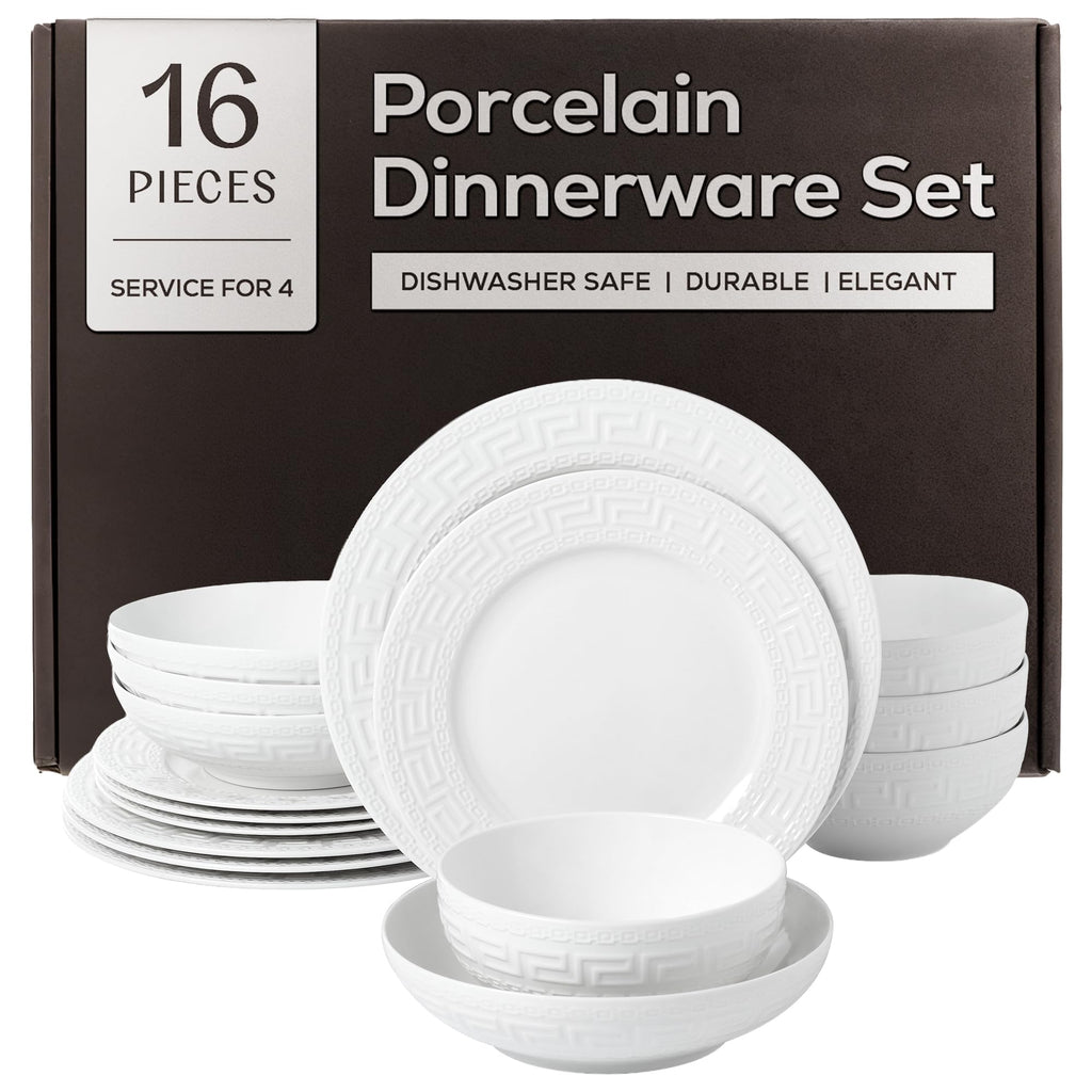 Joseph Sedgh Collection 16-piece Porcelain Dinnerware Set, Service for 4, Greek Key White