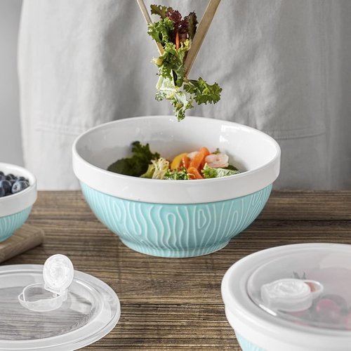DOWAN Mixing Bowls Set - Ceramic Serving Bowls with Lids for Food Storage | 4-Piece Turquoise Set (64/32/24/12 Ounce)