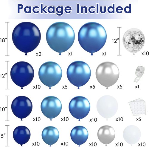 Blue White Silver Balloons Arch Kit - Navy Blue & White with Metallic Confetti for Graduation & Parties
