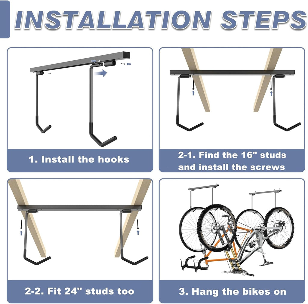WALMANN Ceiling Mounted Bike Rack - Space-Saving Storage for 2 Horizontal or 4 Vertical Bikes