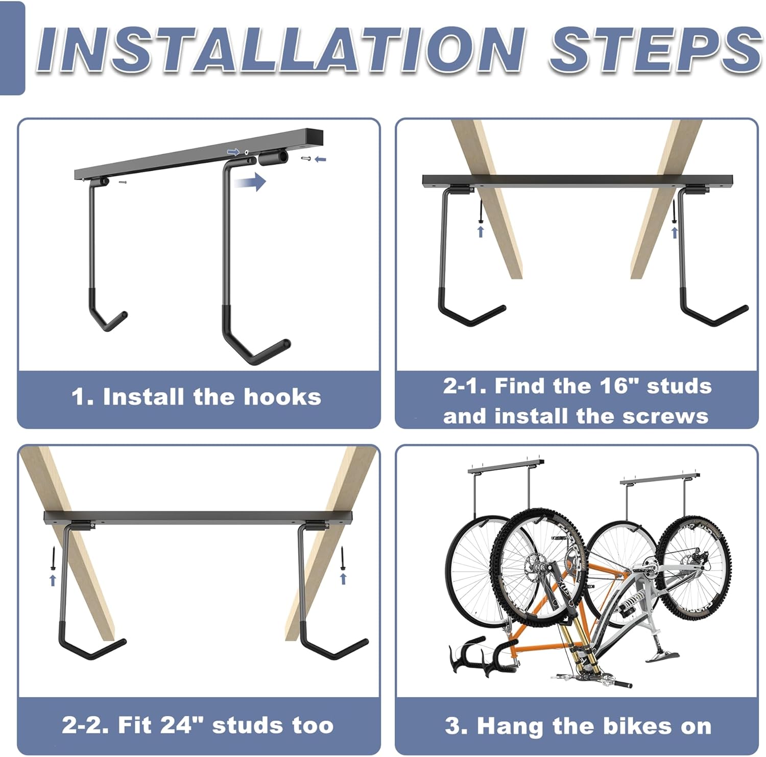 WALMANN Ceiling Mounted Bike Rack - Space-Saving Storage for 2 Horizontal or 4 Vertical Bikes